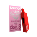 Red vaping device next to a pink package labeled "EXODUS PINK ROZAY INDICA" with details including "THCA | THCP," "CBG A8," and "DIAMOND SAUCE 1 GRAM." This sleek red vape, part of the Exodus Diamond Sauce Disposable | 8g line by Exodus, is also compatible with USB-C charging for convenience.