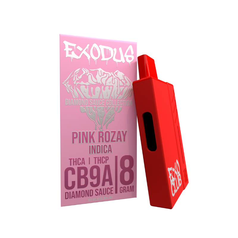 Red vaping device next to a pink package labeled "EXODUS PINK ROZAY INDICA" with details including "THCA | THCP," "CBG A8," and "DIAMOND SAUCE 1 GRAM." This sleek red vape, part of the Exodus Diamond Sauce Disposable | 8g line by Exodus, is also compatible with USB-C charging for convenience.