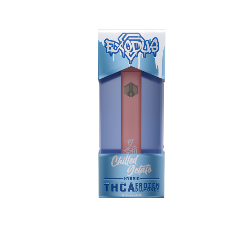 A boxed product labeled "Exodus" is shown. The package reads "Chilled Gelato," "Hybrid," and "THCA Frozen Diamonds," displaying a red vape pen inside, promoting the Exodus THCA Frozen Diamonds Disposable | 2.2g with Live Resin.