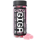 A container labeled "Exodus Exodus Gigabytes Gummies | 15000mg" holds 30 gummy bytes, each containing 500mg of THC, THCA, CBDA, and THC-P, totaling an impressive 15,000mg. Two pink gummy candies are displayed beside the container.