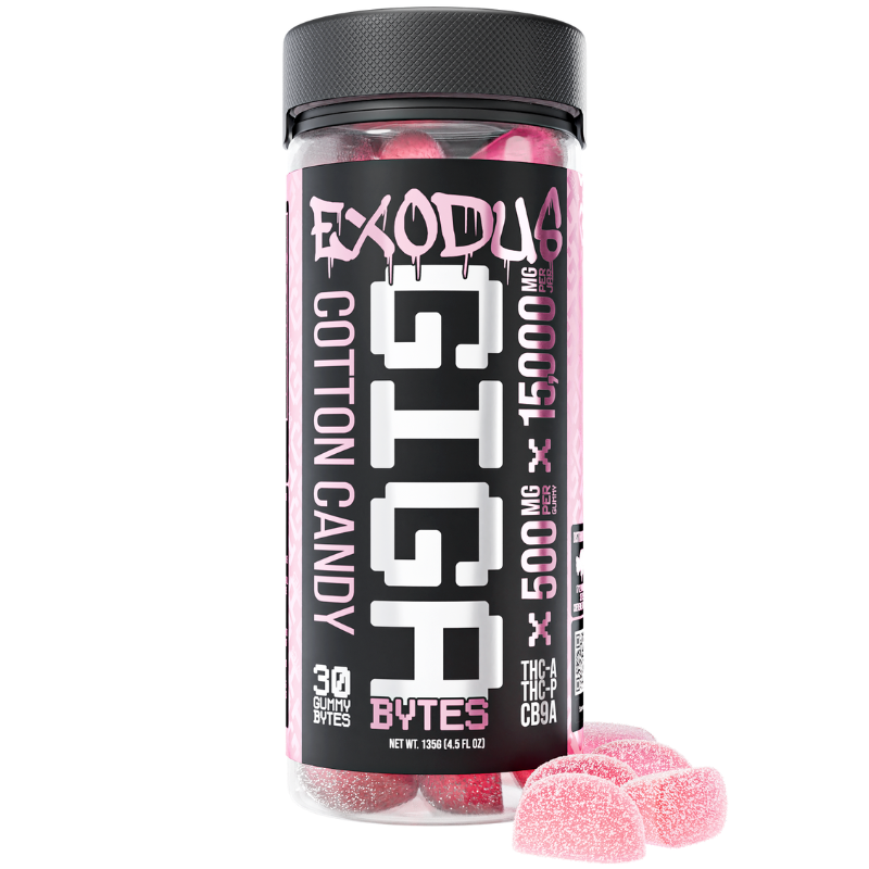 A container labeled "Exodus Exodus Gigabytes Gummies | 15000mg" holds 30 gummy bytes, each containing 500mg of THC, THCA, CBDA, and THC-P, totaling an impressive 15,000mg. Two pink gummy candies are displayed beside the container.