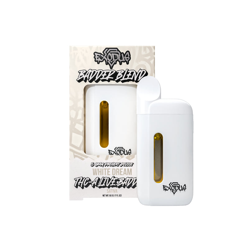 Image of a product package labeled “Exodus THCA Live Resin Disposable | 5g” with a white container featuring a transparent window showing its contents. The packaging and container both have the Exodus brand logo, resembling premium quality similar to Exodus 5G THCA Disposables.