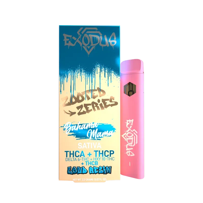 Image of a vape pen package branded Exodus. The label reads "Exodus Zooted THCA Disposable | 2.2g" and lists ingredients including Delta 6-THC, HXY 10-THC, and THCB. This disposable vape pen highlights "liquid resin" and "sativa" strain, showcasing premium cannabinoids for an elevated experience.