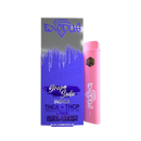 Image of a pink disposable vape pen next to its packaging. The packaging has "Exodus" branding and details about the vape's contents like "Grape Soda," "Indica," and premium cannabinoids including Delta 6 THC. The product is named Exodus Zooted THCA Disposable | 2.2g by Exodus.