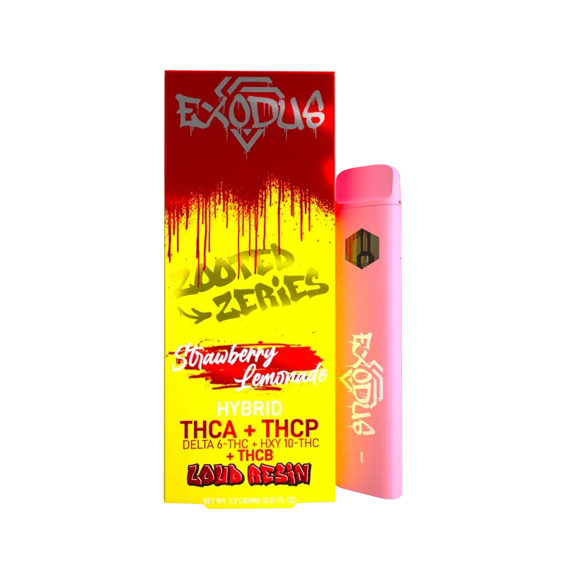 Exodus Joint Series packaging for Exodus Zooted THCA Disposable | 2.2g by Exodus, featuring premium cannabinoids like THCA, THCP, Delta 6 THC, HXY 10 THC, and THC-B, displayed with a disposable pink vape pen.