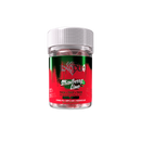 A jar of Exodus Zooted Zeries Gummies labeled "strawberry lime" with hemp-derived THC and THC variants. The jar, adorned in striking red and green colors, showcases the premium quality of this 7500mg offering from Exodus.
