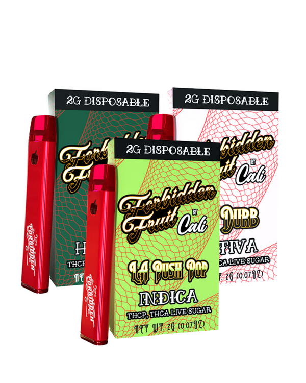 Three boxes of Cali Extrax Forbidden Fruit Disposable, each 2g, are displayed in front of vibrant red vape pens. Both indica and sativa varieties are highlighted, showcasing the premium quality of these live resin THCA disposables.