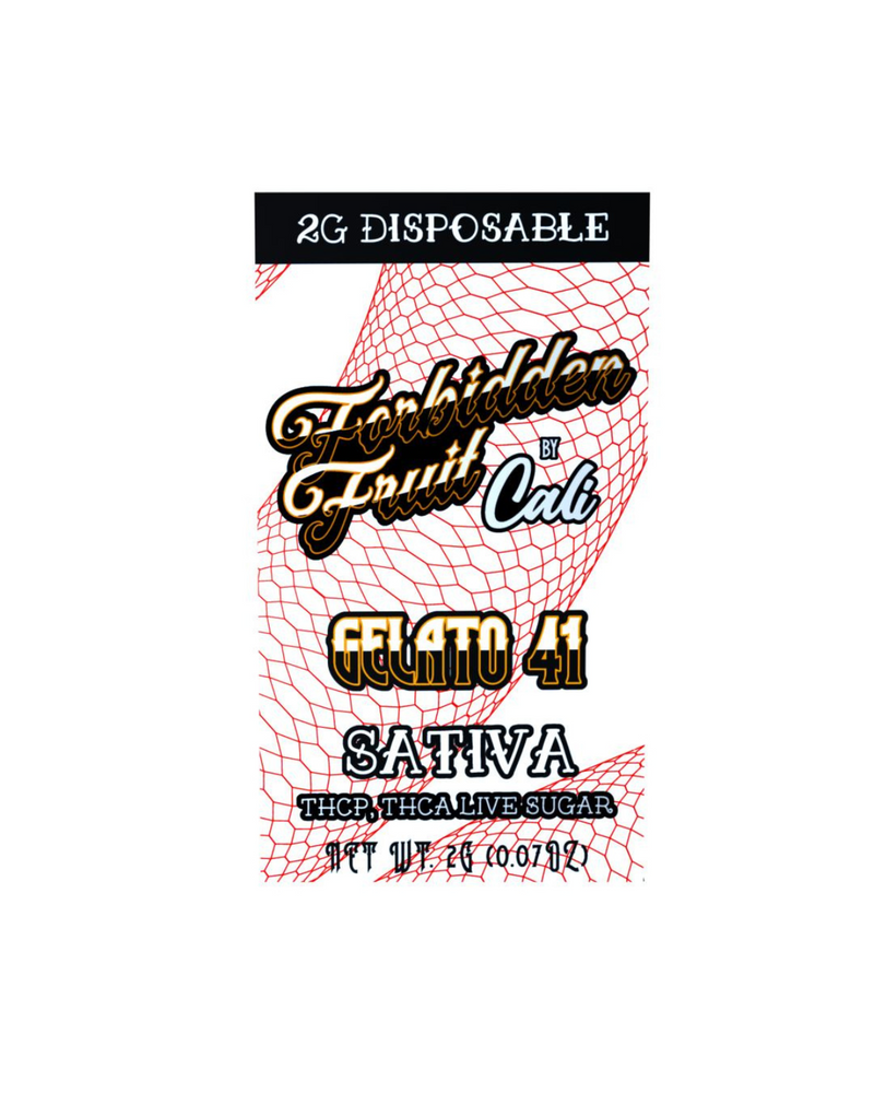 The packaging image is labeled "Forbidden Fruit by Cali," featuring "Gelato 41 Sativa THC-P THC-A Live Sugar" as well as "2G Disposable." This product uses live resin terpenes and belongs to the exclusive Cali Extrax Vault collection. It has a net weight of 2g (0.07oz) and is officially named the Cali Extrax Forbidden Fruit Disposable | 2g, under the brand Cali Extrax.