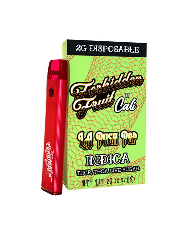 The Cali Extrax Forbidden Fruit Disposable | 2g, from the Cali Extrax brand, features "Forbidden Fruit by Cali" in red against its striking green packaging. Enjoy the "La Push Pop" Indica flavor, enhanced with THCP and THCA live sugar and infused with live resin terpenes for an elevated experience.