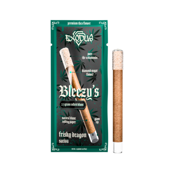 An Exodus branded THC-A blunt labeled "Exodus Bleezy's," containing 2.5 grams of sativa strain for an elevated experience.