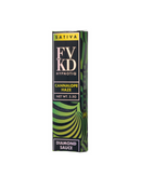 A rectangular box with green swirling patterns, labeled "FVKD Hypnotiq Diamond Sauce Disposable," contains a THCa-rich sativa product and weighs 3.5g.