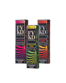 Three vibrant FVKD Hypnotiq Diamond Sauce Disposable 3.5g boxes, infused with Delta-9 THC, feature Jelly Roll (Indica), Cantaloupe Haze (Sativa), and Tropicana Cherry (Hybrid) strains for a unique sensory experience.