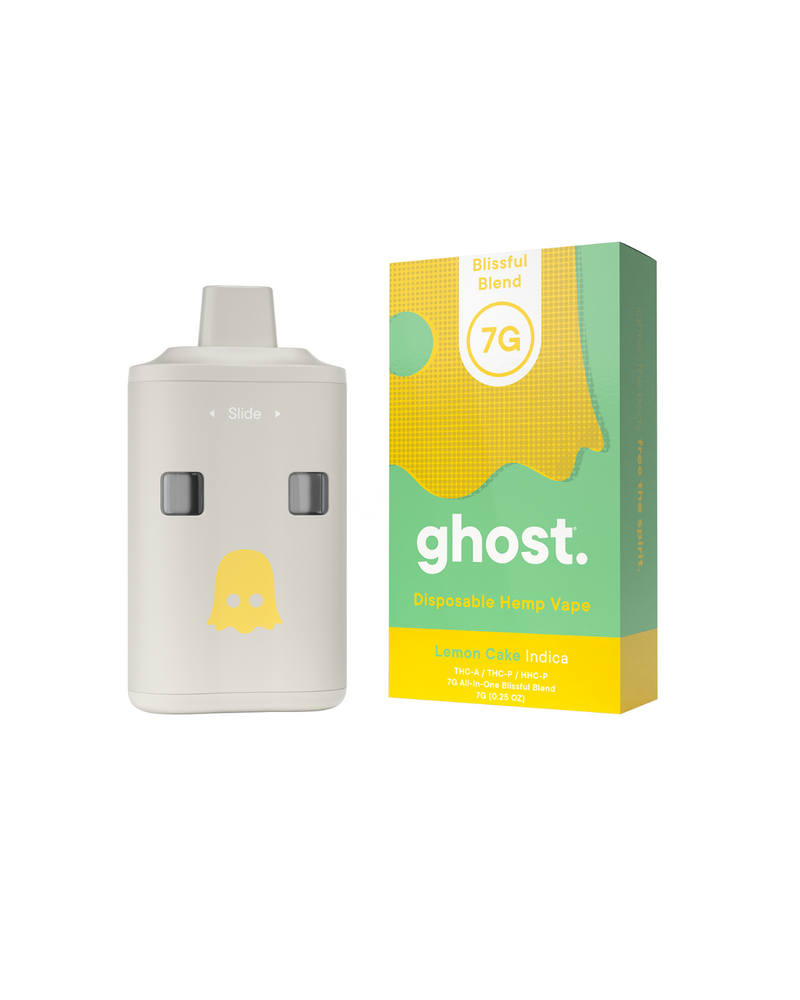 A Ghost Blissful Blend Disposable containing 7g of Lemon Cake Indica THCA, featuring natural terpenes and packaged with a ghost logo in a bright yellow-green color scheme.