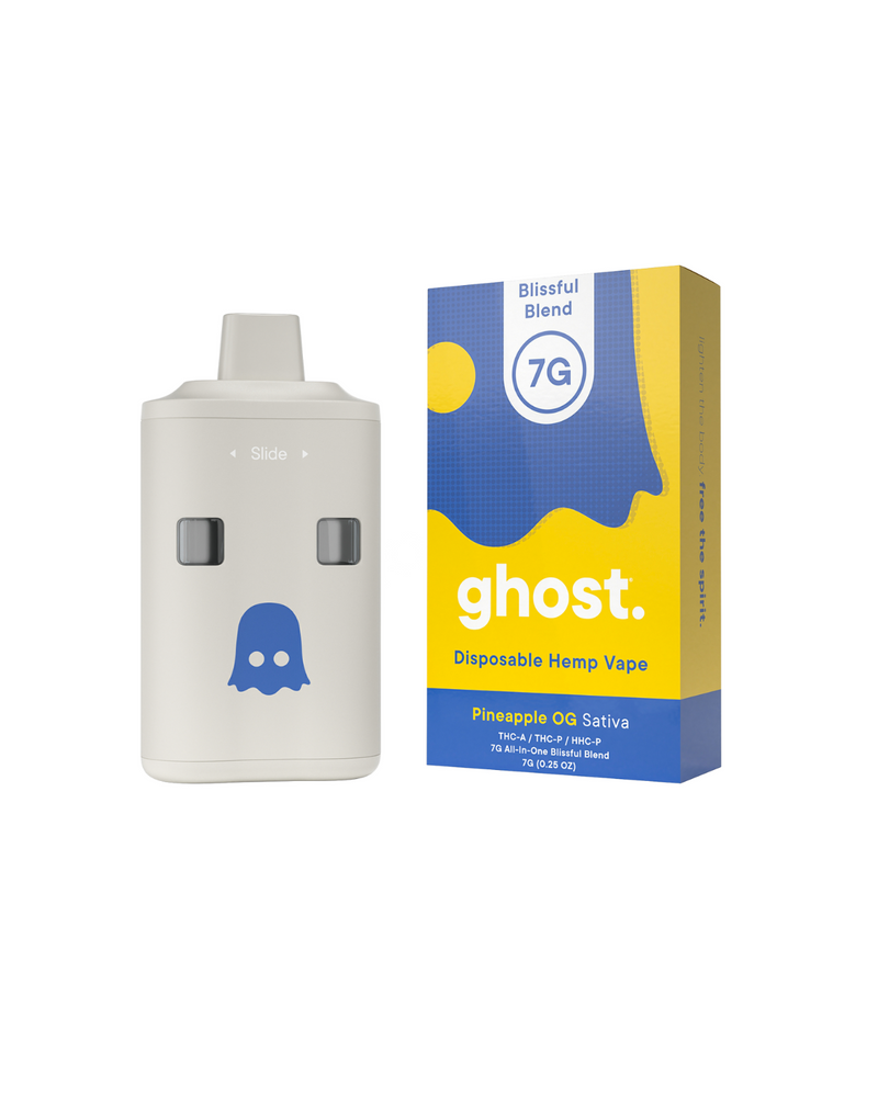 The Ghost Blissful Blend Disposable, a 7g offering from the brand Ghost, comes in blue and yellow packaging labeled "Blissful Blend 7G." This dual-tank device features a pineapple OG sativa flavor, providing a smooth and enjoyable experience.