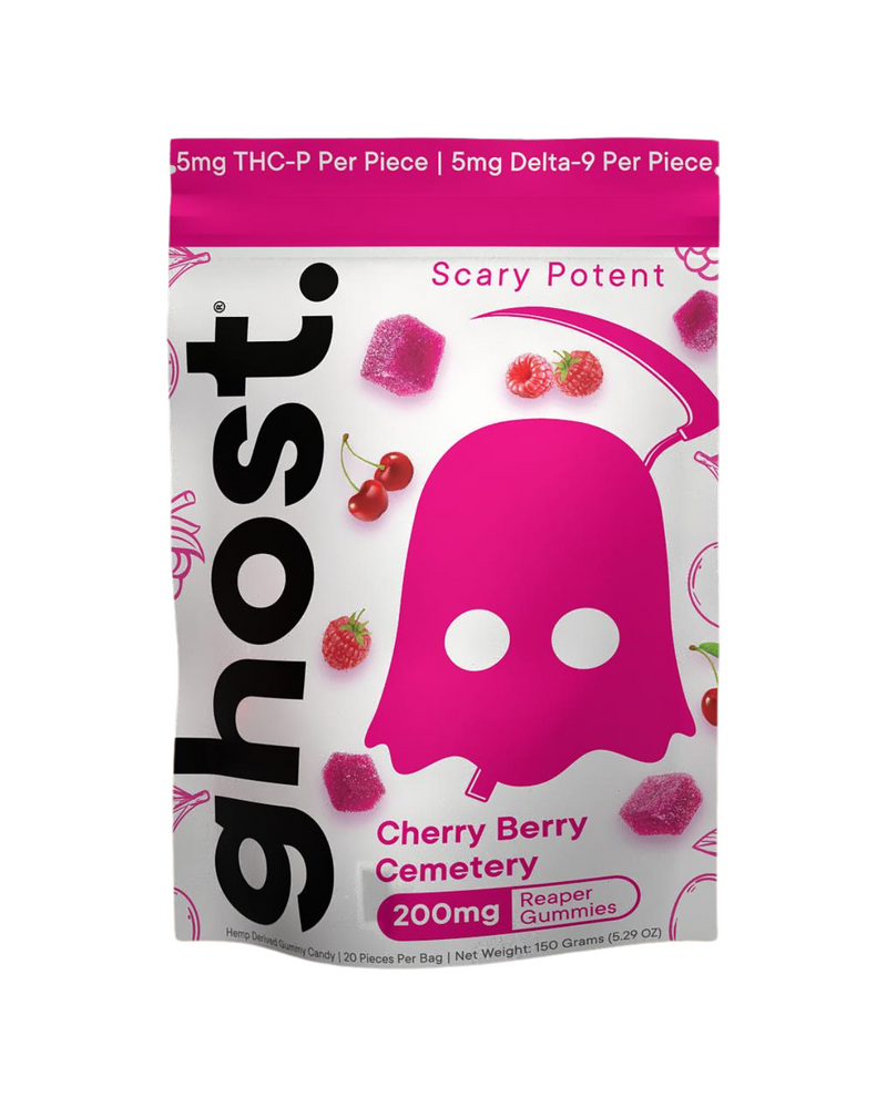 A white and pink bag of Ghost Ghost Reaper THC-P Gummies | 200mg, infused with a high-potency blend of Cherry Berry Cemetery flavor, contains 5mg THC-P and 5mg Delta-9 THC per piece.