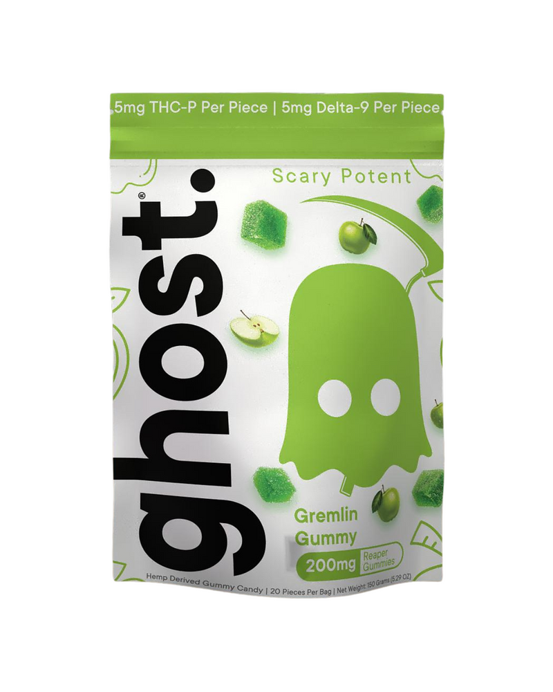 Pouch of high-potency blend Ghost Reaper THC-P Gummies | 200mg by Ghost. The packaging is white with green accents and features a ghost graphic, along with images of green gummies and slices of green apples.