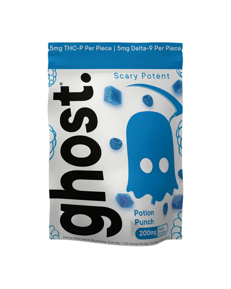 Ghost Reaper THC-P Gummies | 200mg in a bag labeled "Ghost" with a blue ghost logo, containing blue gummy candies. Text reads "Scary Potent Potion Punch 200mg" and "5mg THC-P Per Piece | 5mg Delta-9 Per Piece.