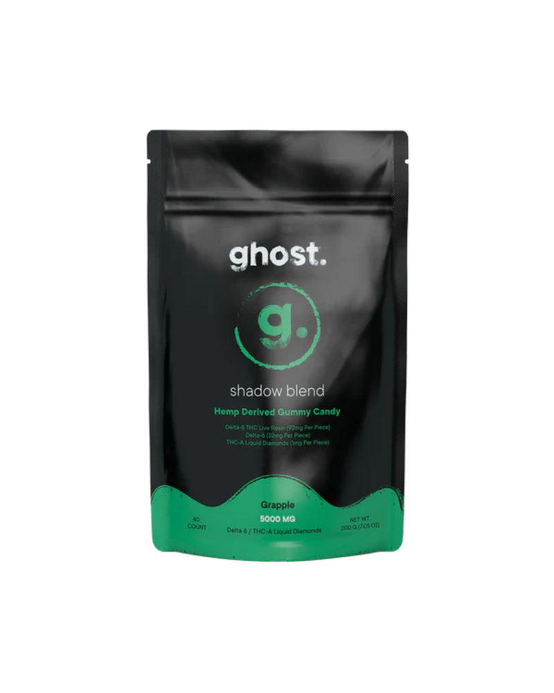 A black and green resealable bag labeled "Ghost Shadow Blend Gummies" by Ghost, featuring 60 hemp-derived gummies (Delta-6 + THC-A + liquid diamonds), totaling 5000mg, in Grappio flavor.