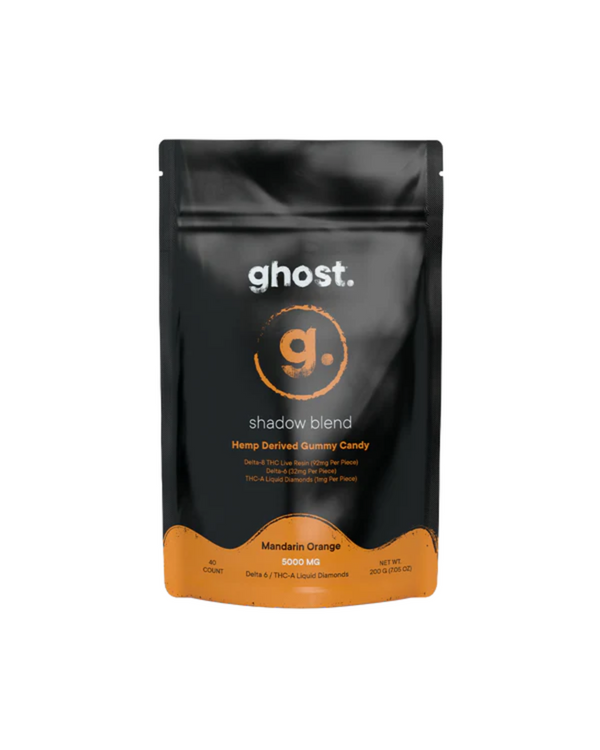 A black and orange resealable pouch labeled "Ghost Shadow Blend Gummies" by Ghost contains 60 mandarin orange hemp-derived gummies with Delta-6 + THC-A + liquid diamonds, totaling 5000 mg.