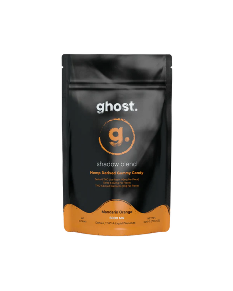A black and orange resealable pouch labeled "Ghost Shadow Blend Gummies" by Ghost contains 60 mandarin orange hemp-derived gummies with Delta-6 + THC-A + liquid diamonds, totaling 5000 mg.