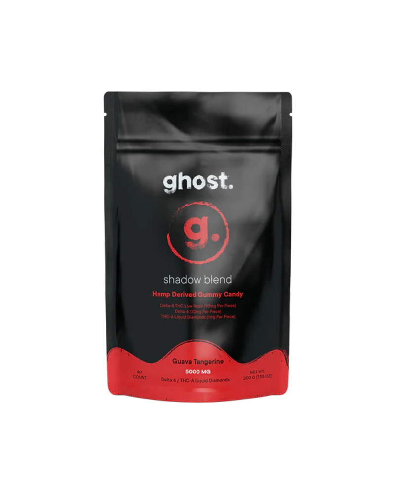 A black and red resealable pouch labeled "Ghost Shadow Blend Gummies" by Ghost contains 60 guava tangerine flavored hemp-derived gummies with Delta-6, THC-A, liquid diamonds, and a total of 6000 mg.