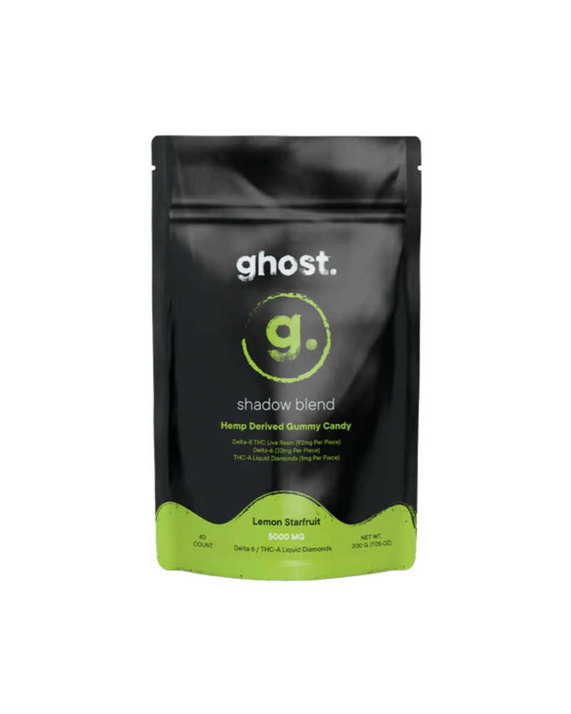 The Ghost Shadow Blend Gummies by Ghost come in a black and green "ghost. shadow blend" bag, featuring Delta-6 + THC-A + liquid diamonds, Lemon Starfruit flavor, 60 count, 5000 mg.