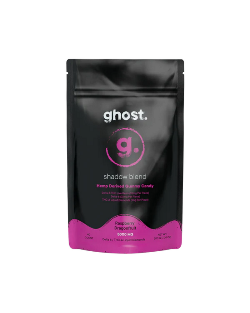 Ghost Shadow Blend Gummies by Ghost come in a black and purple bag labeled "ghost. shadow blend," featuring raspberry dragonfruit hemp-derived gummies with Delta-6, THC-A, and liquid diamonds—6000 mg per bag, 40 pieces total.