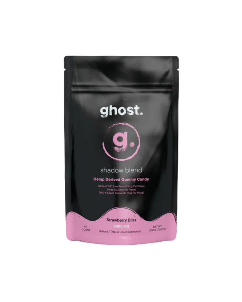 A resealable black and pink pouch labeled "Ghost Shadow Blend Gummies" by Ghost, containing 60 strawberry hemp-derived gummies with Delta-6, THC-A, liquid diamonds, and a total of 5000mg.