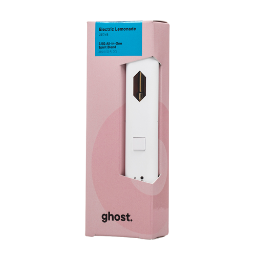 A pink and white box contains a Ghost branded vape pen labeled "Ghost Spirit Blend Disposable | 3.5g," featuring the finest Live Badder for an elevated experience.