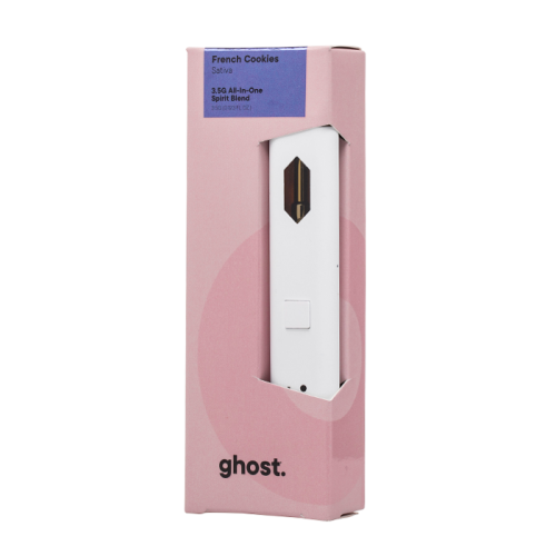 Pink and white box with a white device partially visible. Label reads "Ghost Spirit Blend Disposable | 3.5g" and "3.0G All-in-One Spirit Blend." Box is branded Ghost, showcasing their commitment to high-quality THCA disposable vape pens.