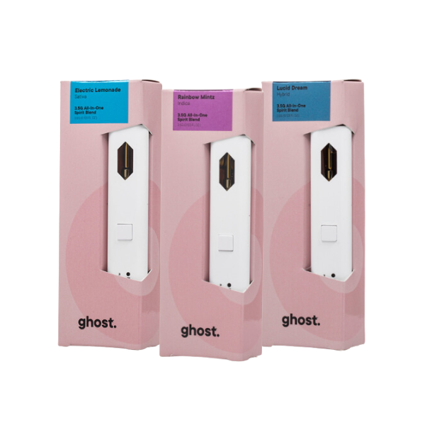 Three boxed Ghost Spirit Blend Disposable | 3.5g vape pens from Ghost are shown, labeled with their respective flavors: Electric Lemonade, Rainbow Mintz, and Lucid Dream. Each box has a distinct color on top reflecting the flavor and contains premium Live Badder for an exceptional vaping experience.