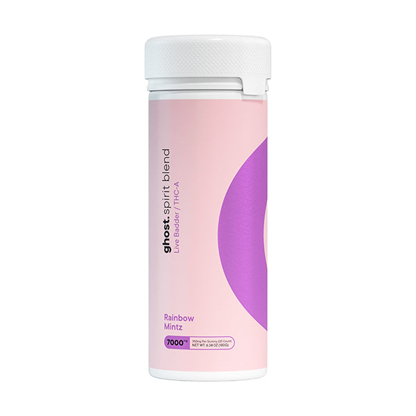 A pink cylindrical container featuring the "Ghost Spirit Blend Gummies | 7000mg" label highlights the "Rainbow Mintz" flavor with hemp-derived THC-A. Designed with a white cap and purple accents, it embodies the Ghost brand essence in every detail.