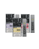 Displayed are five "Half Bak'd Sauced Private Reserve Disposable" vape pens in sleek black, white, and gray packaging. Flavors include Wedding Cake, Super Lemon Haze, and White Runtz, highlighted with a rich THC-A blend for an enhanced entourage effect.