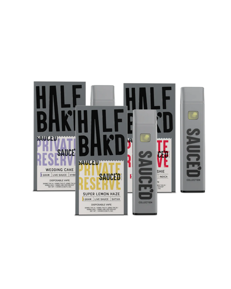 Displayed are five "Half Bak'd Sauced Private Reserve Disposable" vape pens in sleek black, white, and gray packaging. Flavors include Wedding Cake, Super Lemon Haze, and White Runtz, highlighted with a rich THC-A blend for an enhanced entourage effect.