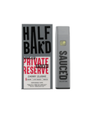A sleek gray disposable vape pen stands beside a vibrant box labeled "Half Bak'd Sauced Private Reserve Disposable | 1g" and "Cherry Slushie," promising a smooth THC-A experience that enhances the entourage effect.