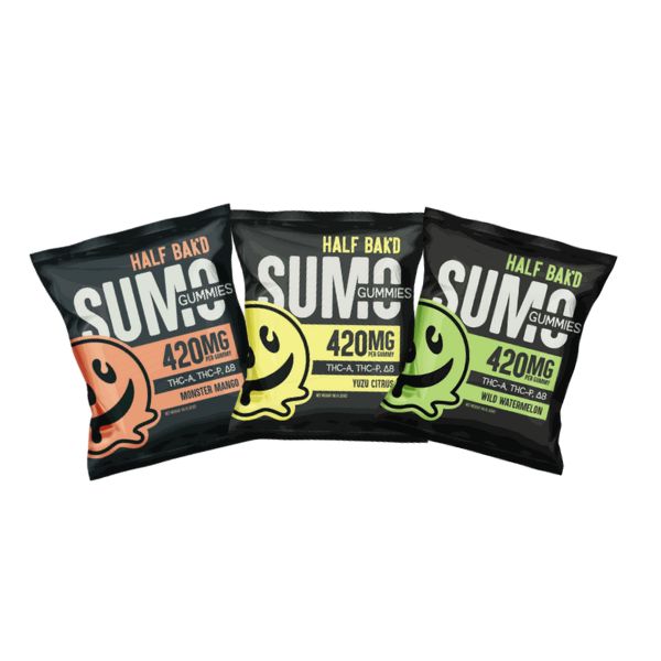 Three packets of Half Bak'd Sumo Gummies 420mg | 2ct, from the brand Half Bak'd, are displayed in three different flavors: Minted Mango, Yuzu Citrus, and Wild Watermelon. Each packet contains a potent blend of cannabinoids totaling 420mg, including THC, THC-A, and THC-P.