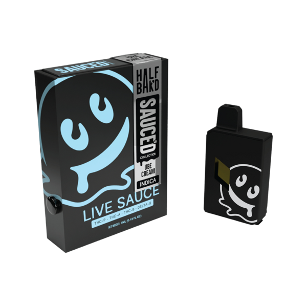 A black and blue Half Bak'd Live Resin Sauced Disposable | 4g box, part of the SAUCE'D Collection by Half Bak'd, sits next to a matching disposable vape featuring a smiling ghost logo and labeled as Ice Cream Indica THC-A live resin.