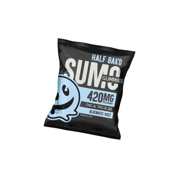 Introducing a package of Half Bak'd Sumo Gummies 420mg | 2ct, featuring Bluematic Razz flavor with each gummy containing a potent blend of THC-A, THC-P, and Delta-8 cannabinoids. The predominantly black packaging is accented with blue and white tones, emphasizing its powerful content.