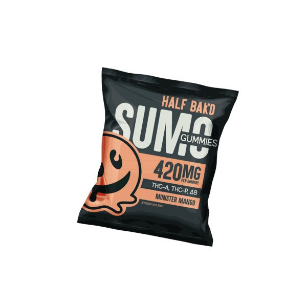 A package of Half Bak'd Sumo Gummies 420mg (2 count) in Monster Mango flavor, featuring a smiling orange character and containing a potent blend of Delta-8 cannabinoids, including THC-A and THC-P.