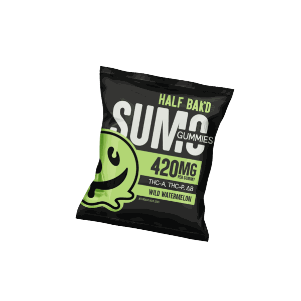 A black and green bag of "Half Bak'd Sumo Gummies 420mg | 2ct" in Wild Watermelon flavor contains a blend of THC-A, THC-P, and Delta-8 cannabinoids. The bag features a smiling face logo.