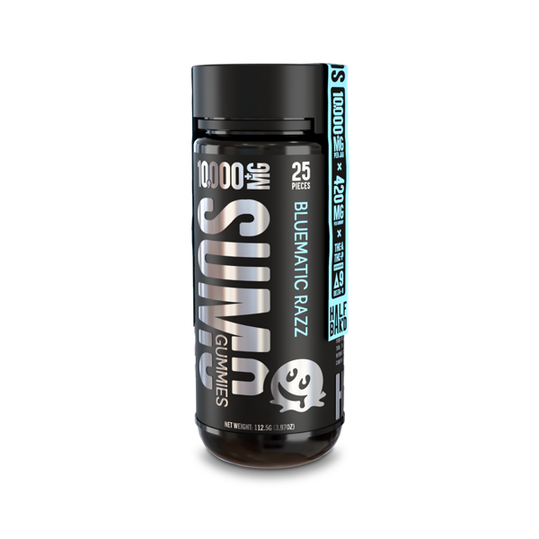 Bottle of Half Bak'd Sumo Gummies | 10,500mg, Bluematic Razz flavor, containing 25 pieces with a total of 10,500mg. Each piece delivers 420mg cannabinoids per serving, including THC-A THC-P Delta-8. The bottle has a black cap and a clear section displaying the gummies.