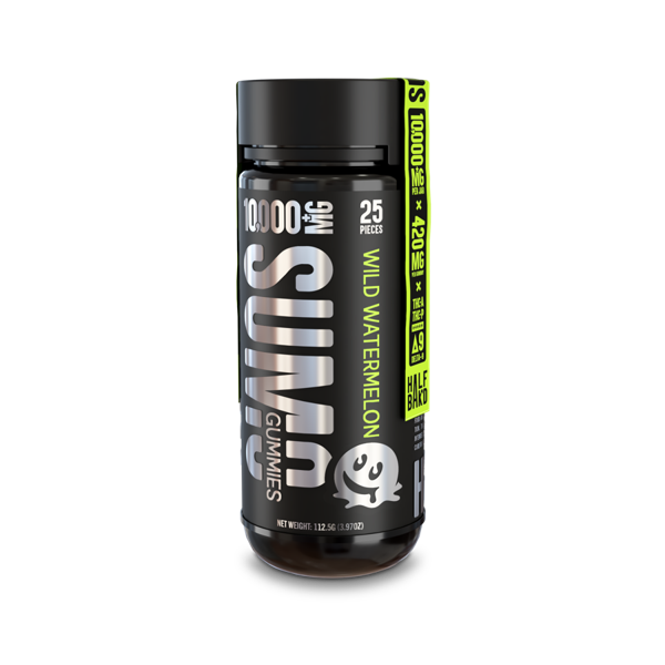 A bottle of Half Bak'd Sumo Gummies | 10,500mg labeled "Wild Watermelon" containing 25 pieces with 100,000 MG THC, each piece having 4,000 MG THC. The black, green, and white design highlights the potent blend of THC-A, THC-P, and Delta-8 cannabinoids.