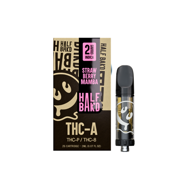 Package and cartridge of Half Bak'd THC-A Cartridge | 2g, featuring 2 grams of Indica and ingredients THC-P and THC-8. These cartridges are compatible with 510 vape batteries.