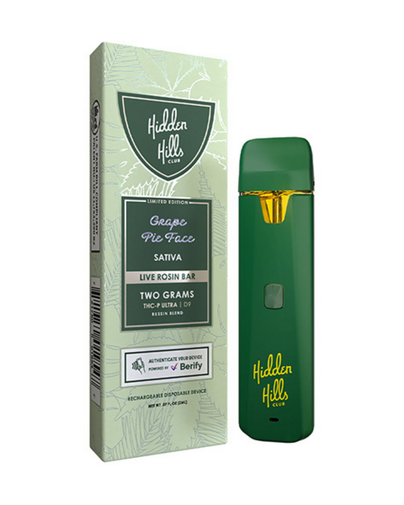 The stylish packaging of the green vape pen, labeled "Hidden Hills," highlights the distinct "Grape Pie Face" flavor with a "Live Rosin Bar" tag. Discover an elevated experience with Delta 9 and THCP featured in the Hidden Hills Bussin Blend THCP Disposable Vape, containing 2g.