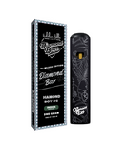 A black Hidden Hills Diamond Boyz THCP Disposable (1g) with diamond designs stands next to its matching box labeled "Diamond Boyz OG," "Indica," and "One Gram" from the Hidden Hills Flawless Edition line.