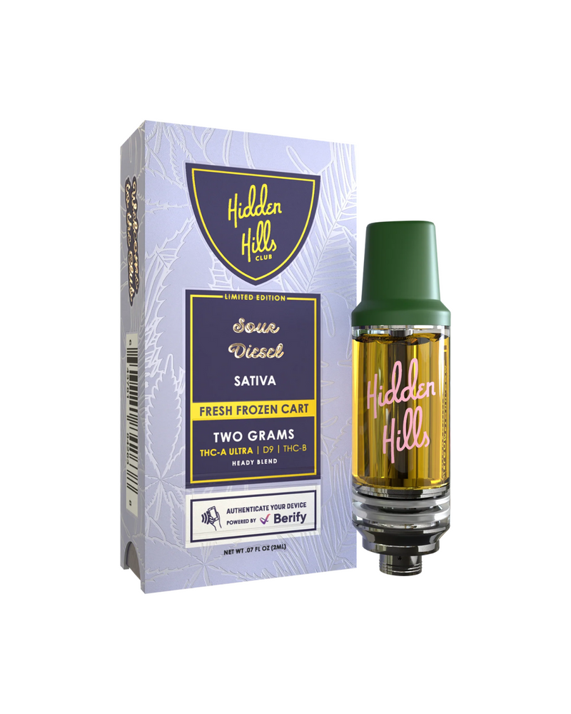 A vape cartridge and its packaging labeled "Hidden Hills Hidden Hills Heady Blend THCA Cartridge | 2g," featuring details about THC content and QR code verification by Verify, now available as a convenient Disposable Vape Pen with the Hidden Hills Heady Blend.