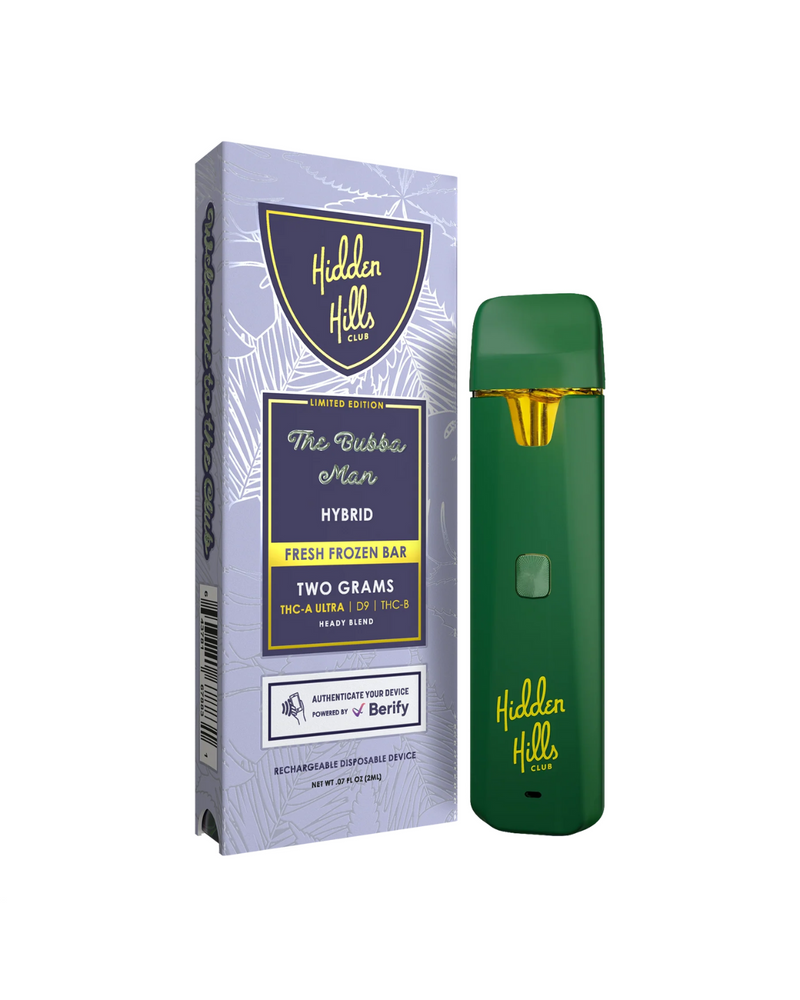 Green vape pen with Hidden Hills branding, next to a green and purple boxed packaging labeled “Hidden Hills Heady Blend THCA Disposable | 2g” hybrid. Fresh frozen bar contains premium THCA distillate, two grams, featuring THC-A, Delta-8 THC, and THC-P.