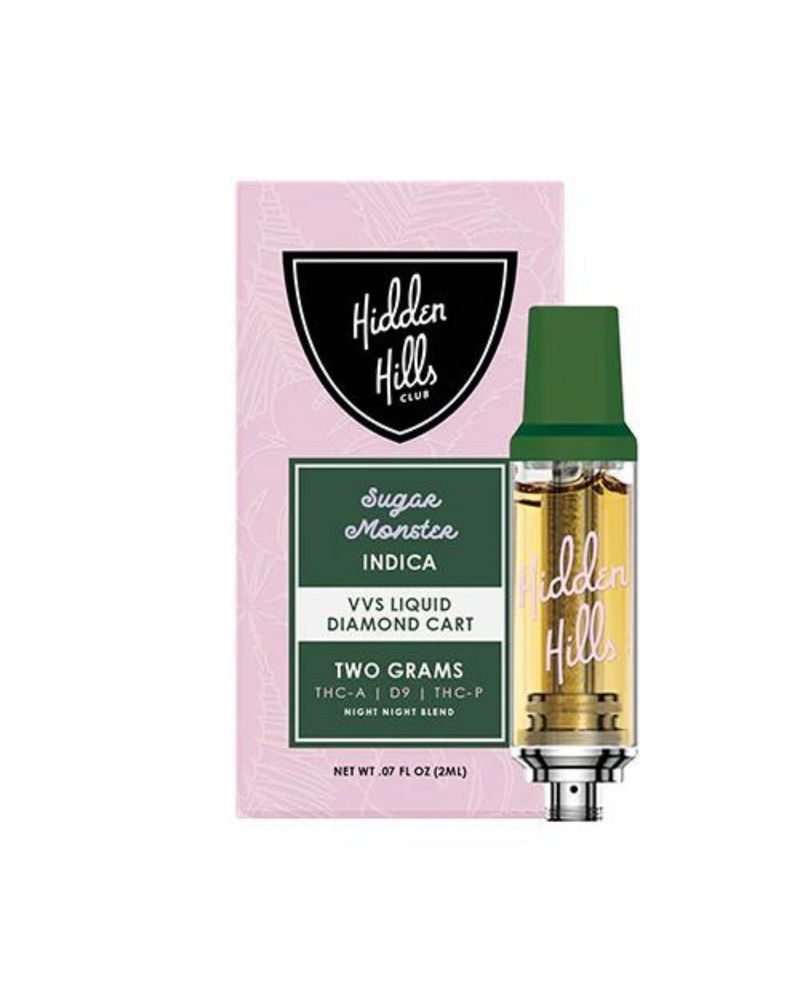 A Hidden Hills Liquid Diamond Cartridge | 2g vape cartridge, labeled "Sugar Monster Indica." It contains Hidden Hills Liquid Diamonds with THC-A, Delta 9, and THC-P. The packaging indicates a quantity of two grams.