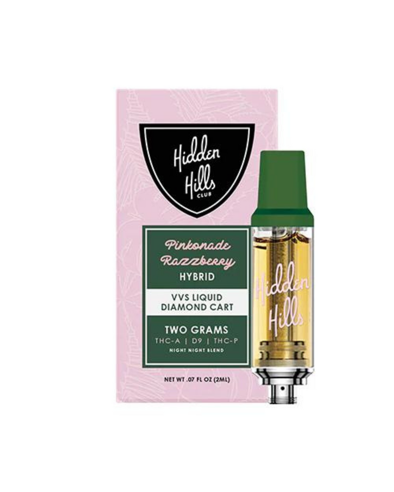 Image of a Hidden Hills vape cartridge package labeled "Hidden Hills Liquid Diamond Cartridge | 2g" and a 2-gram vape cartridge with a green tip beside it. The box highlights that it contains THC-A, Delta 9, and THC-P compounds, featuring Hidden Hills Liquid Diamonds for an elevated experience.