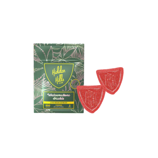 A package labeled "Hidden Hills Shield Gummies | 2ct" with 500 mg total, infused with Delta 9, and two watermelon-shaped gummy slices next to it.